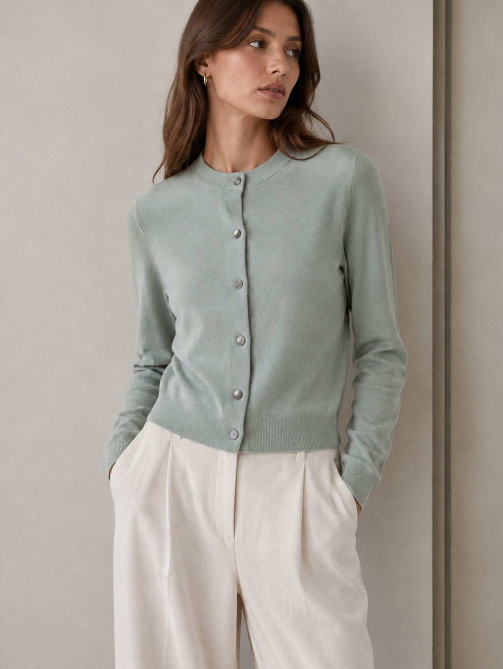 Vince Sage Green Button-Front Crewneck Cardigan